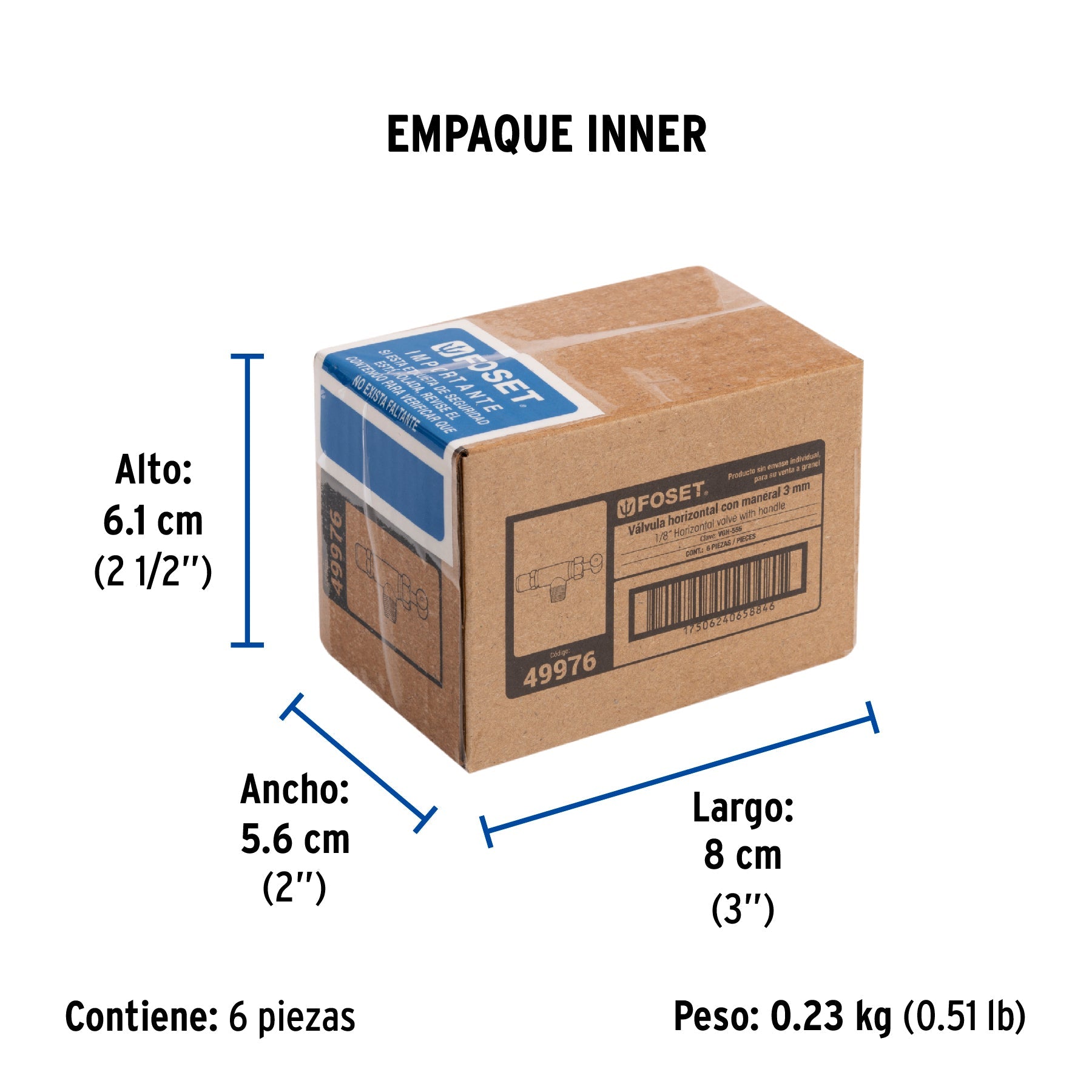 Válvula horizontal de latón 1/8" para gas LP, con maneral - Empaque