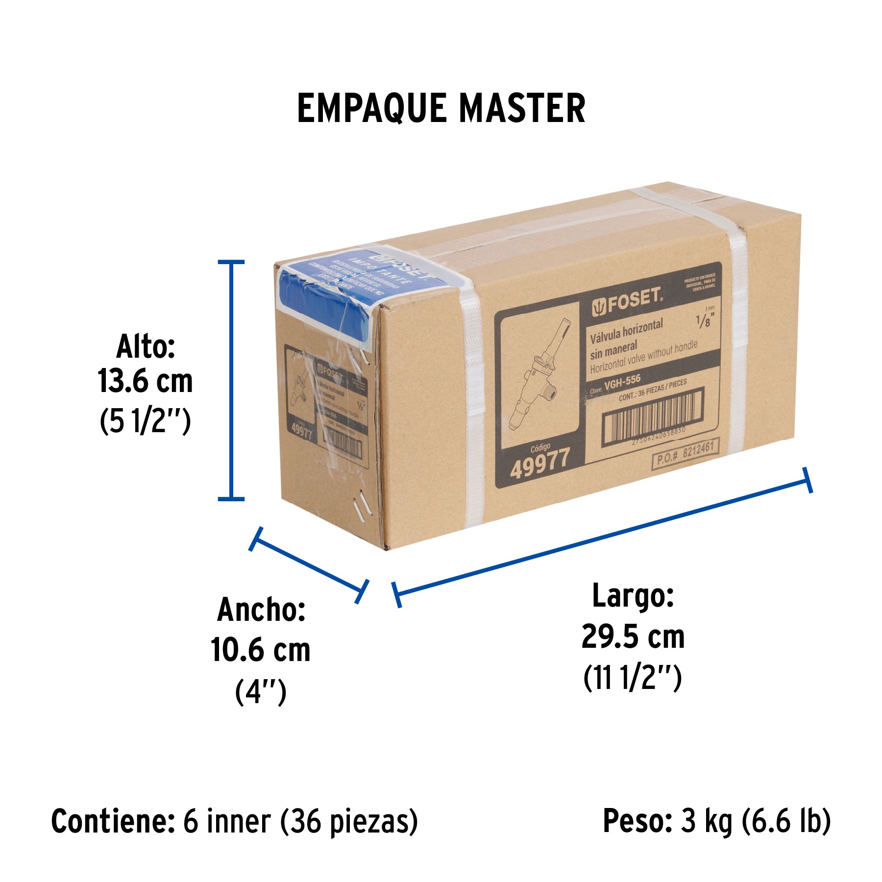 Válvula horizontal de latón 1/8" para gas LP, sin maneral - Empaque