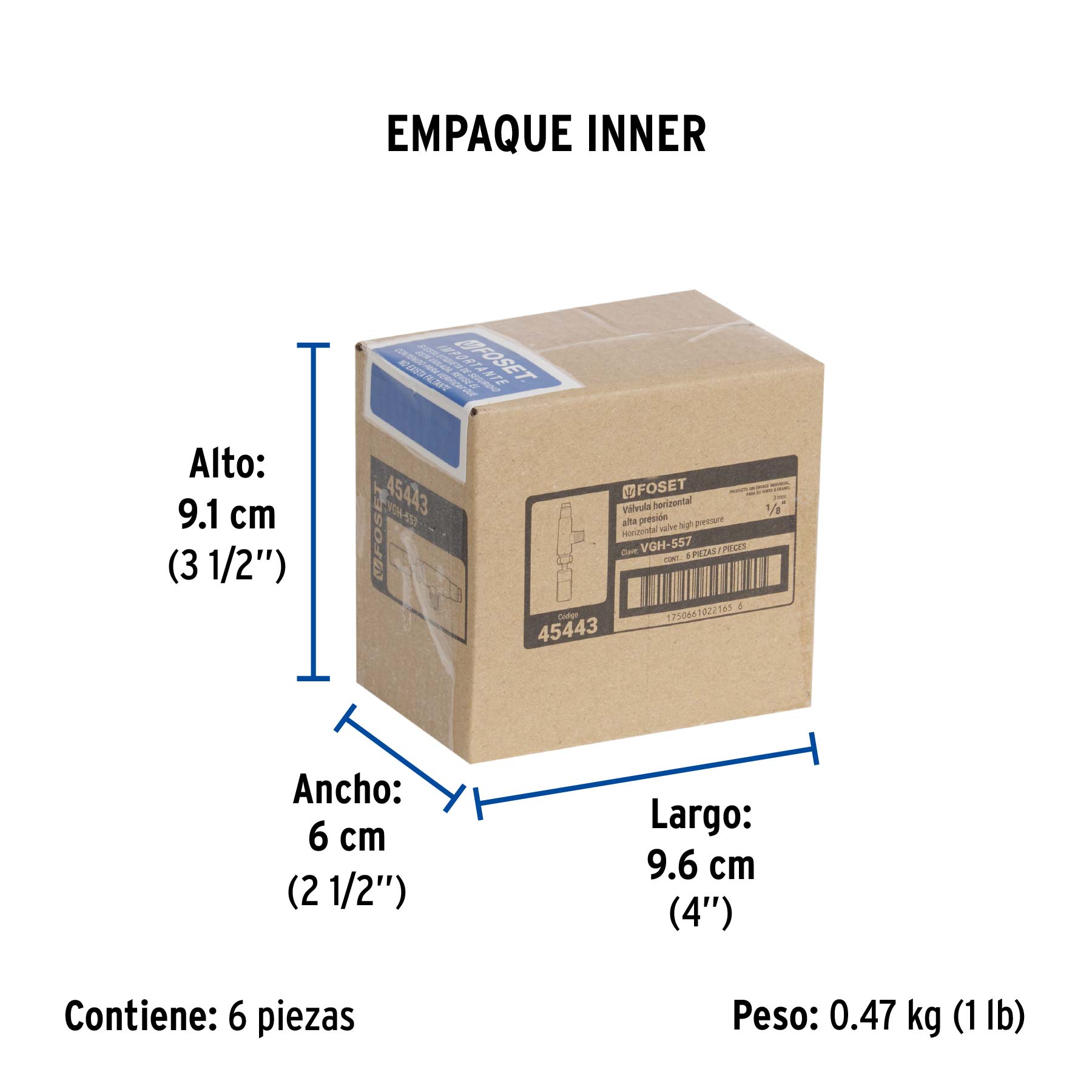 Válvula horizontal de latón 1/8" gas LP, alta presión, FOSET - Empaque