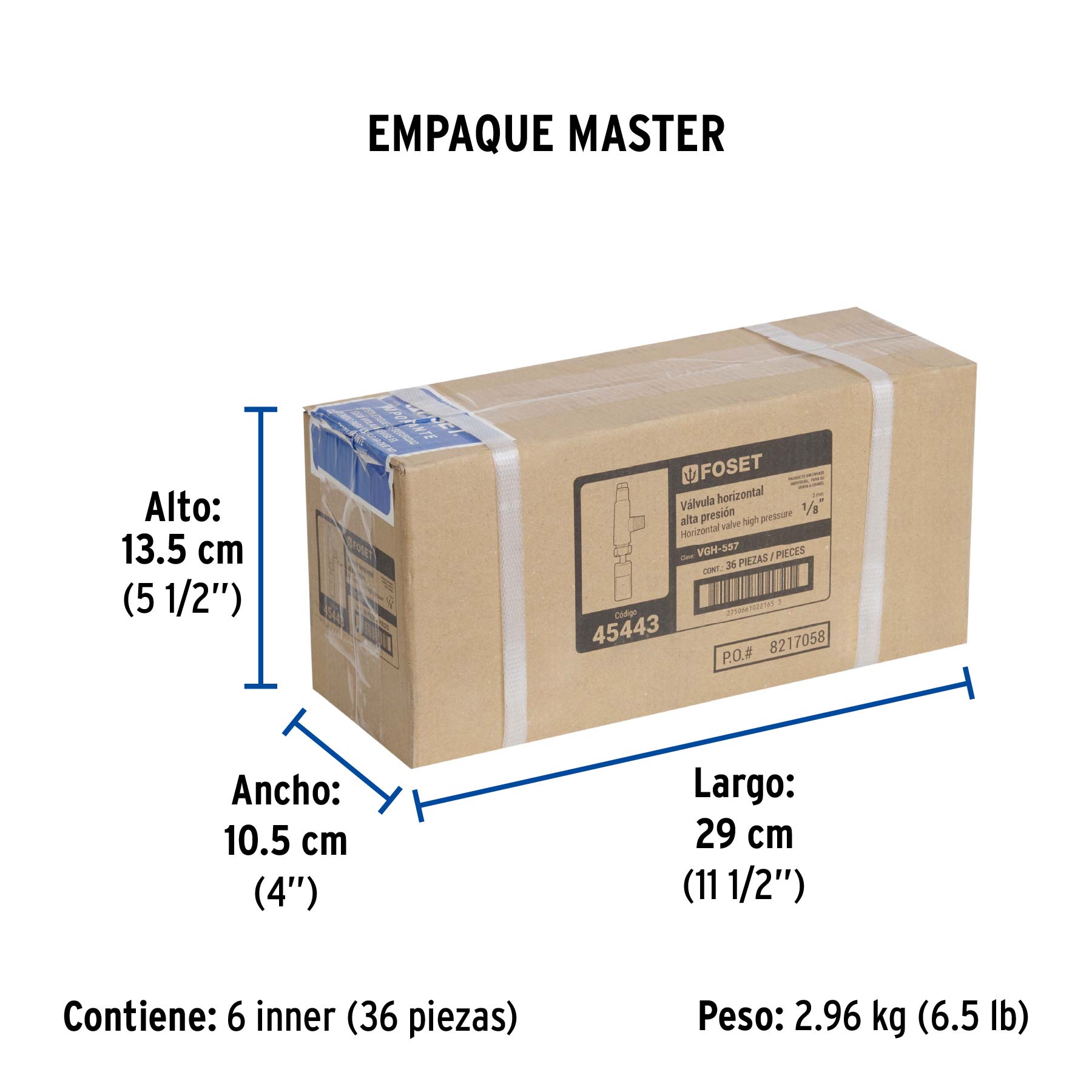 Válvula horizontal de latón 1/8" gas LP, alta presión, FOSET - Empaque