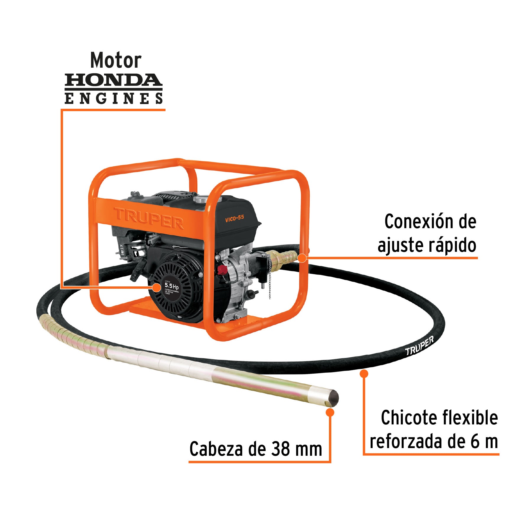 Vibrador para concreto, a gasolina, 163 cc, 5.5 HP, TRUPER