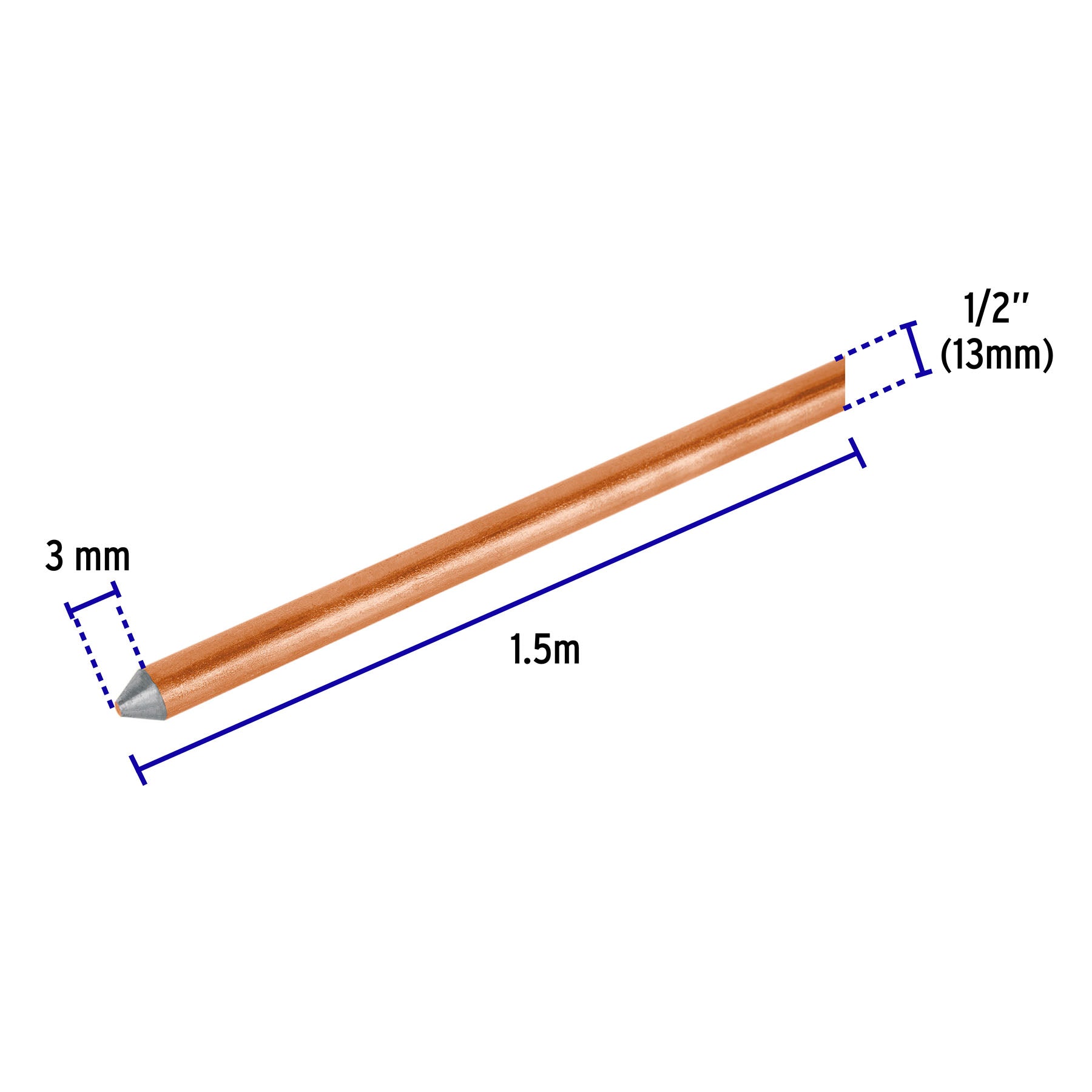 Varilla de 1.5 m, acero revestido de cobre, de 1/2" VOLTECK