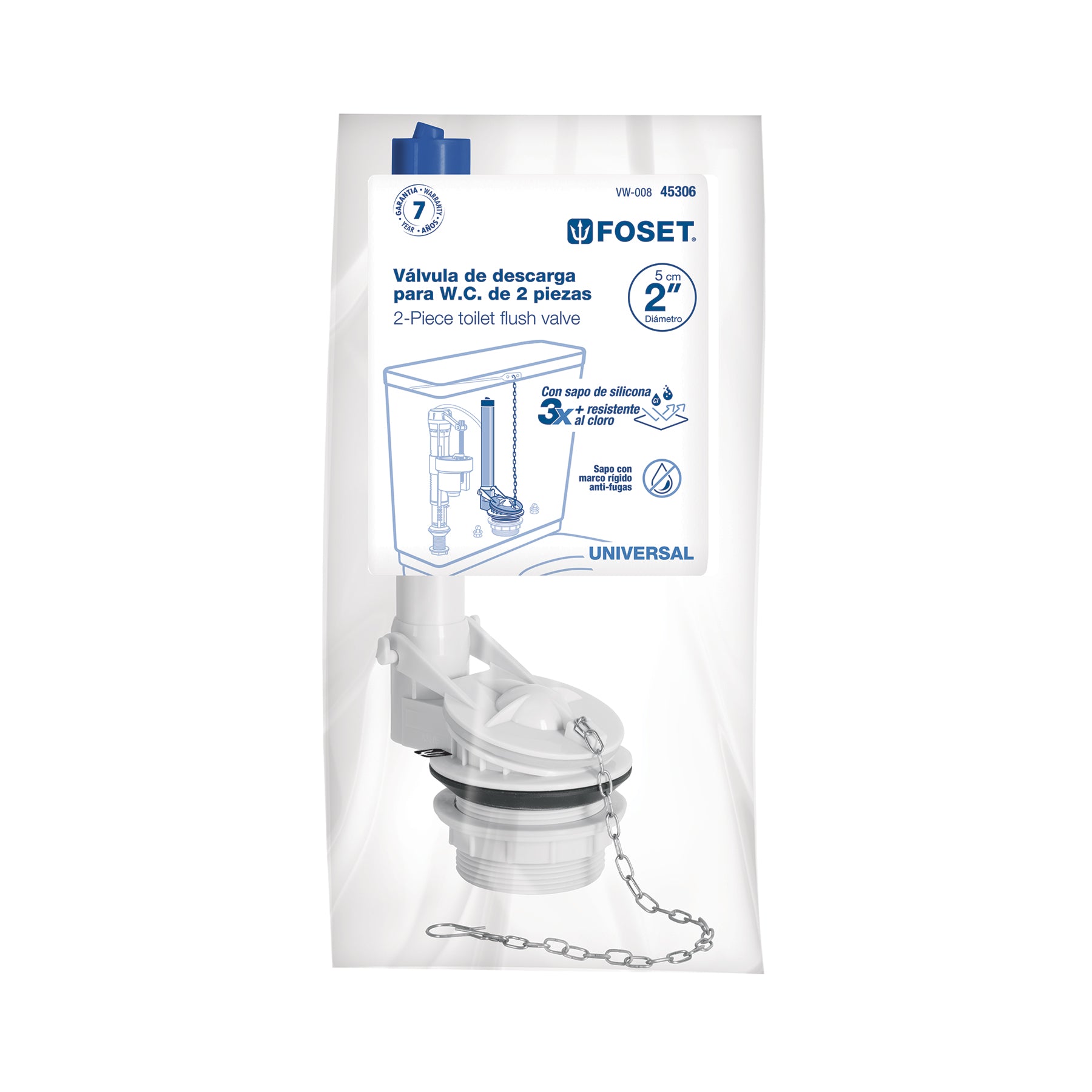 Válvula de descarga 2" para WC de 2 pzas, cadena inox, FOSET