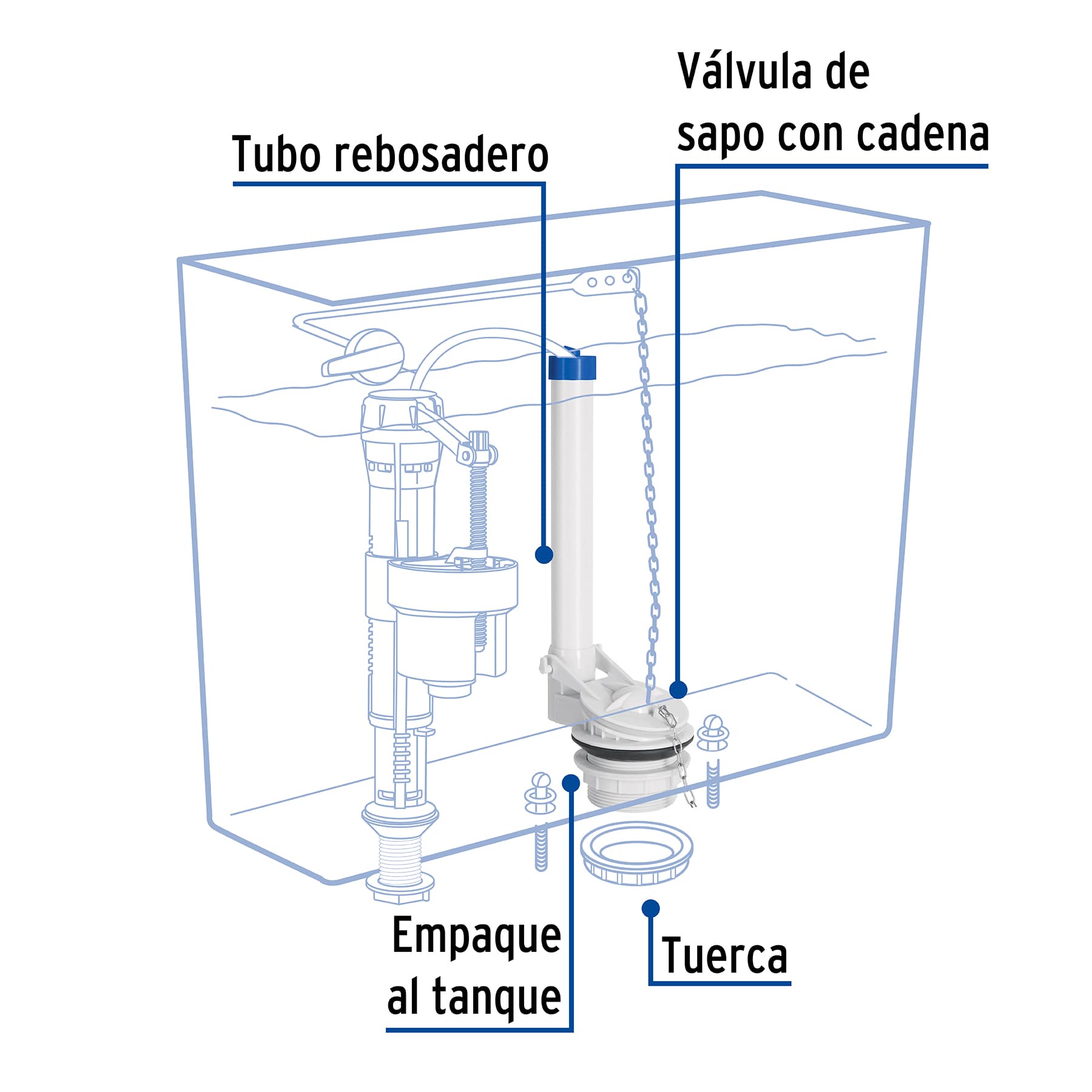 Válvula de descarga 2" para WC de 2 pzas, cadena inox, FOSET
