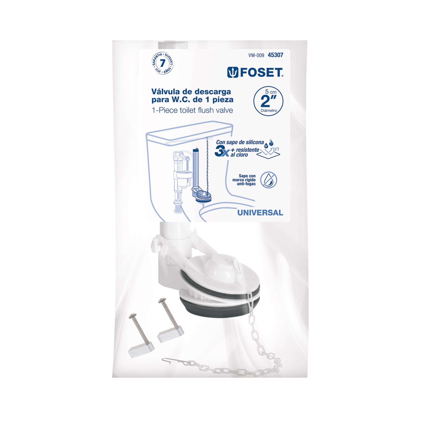Válvula de descarga 2" para WC de 1 pza, cadena inox, FOSET