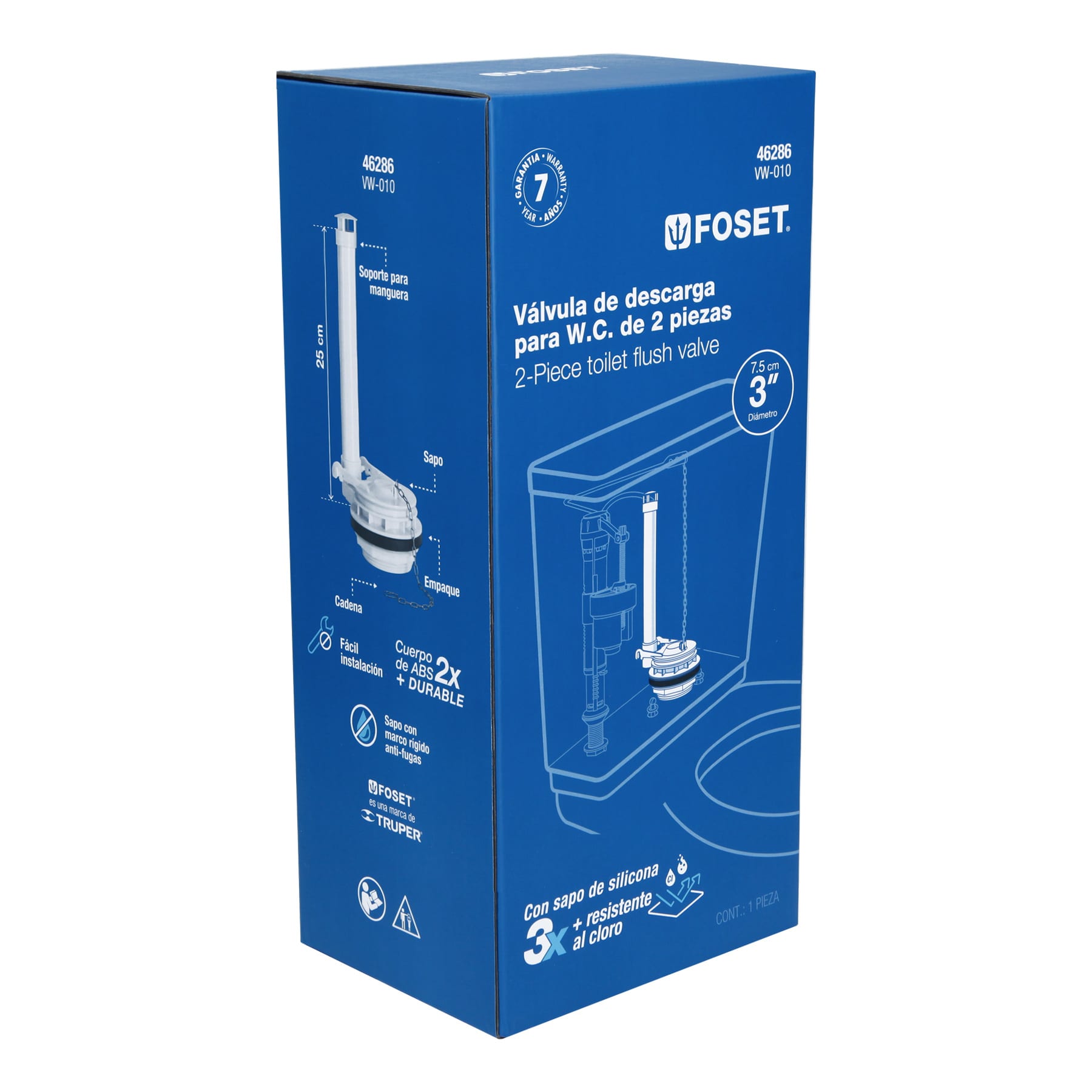 Válvula de descarga 3" para WC de 2 pzas, cadena inox, FOSET