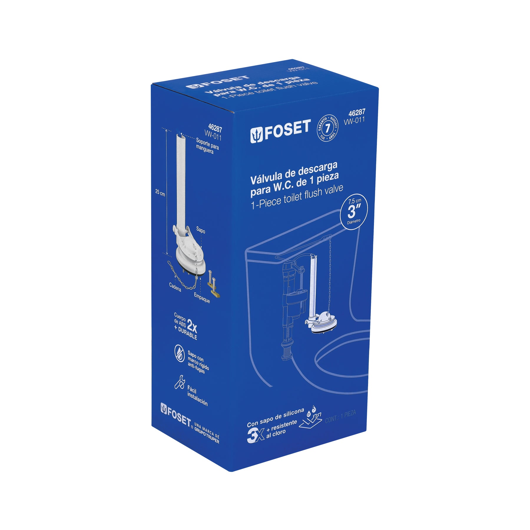 Válvula de descarga 3" para WC de 1 pza, cadena inox, FOSET