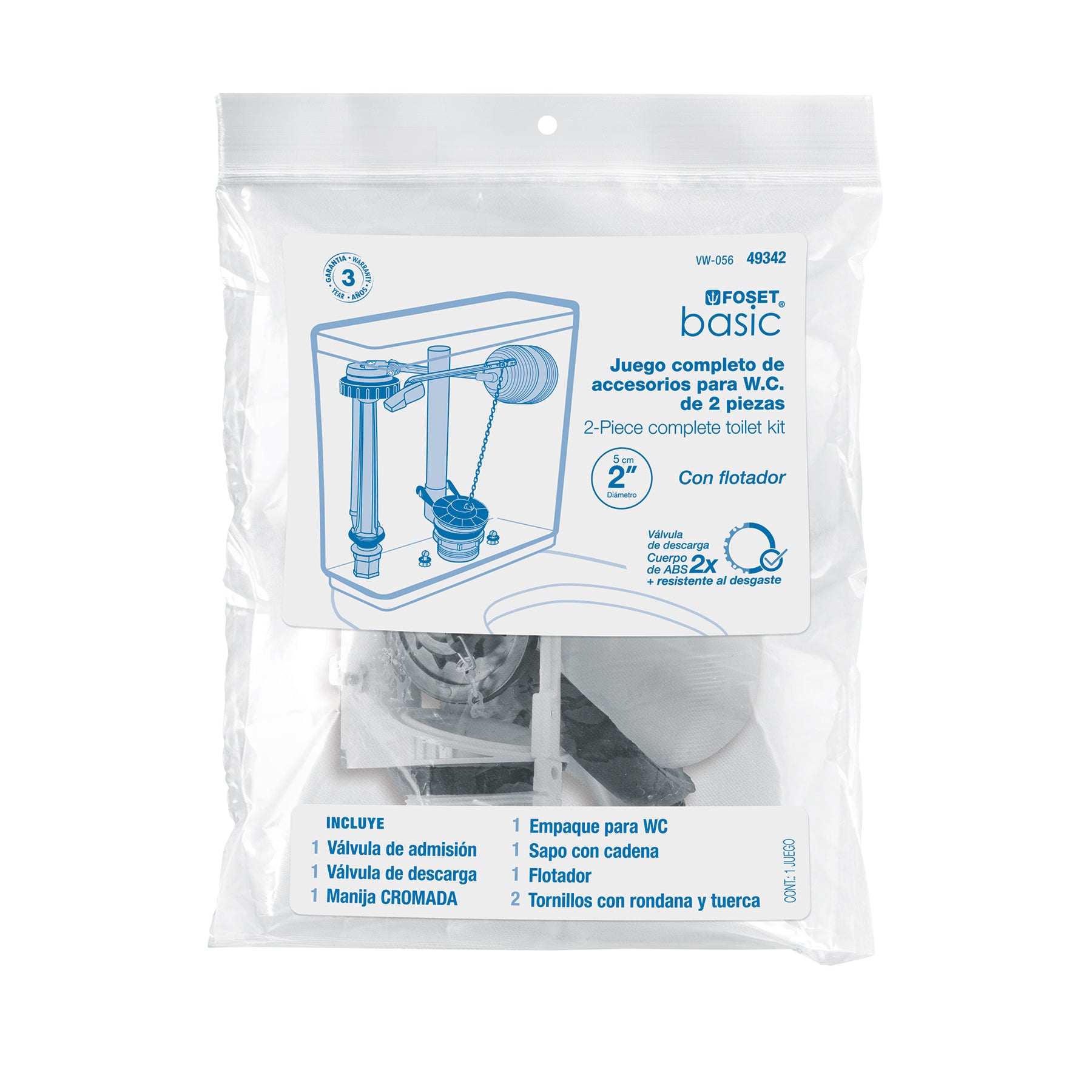Juego accesorios para WC, 2" flotador trad, p/cromada, BASIC