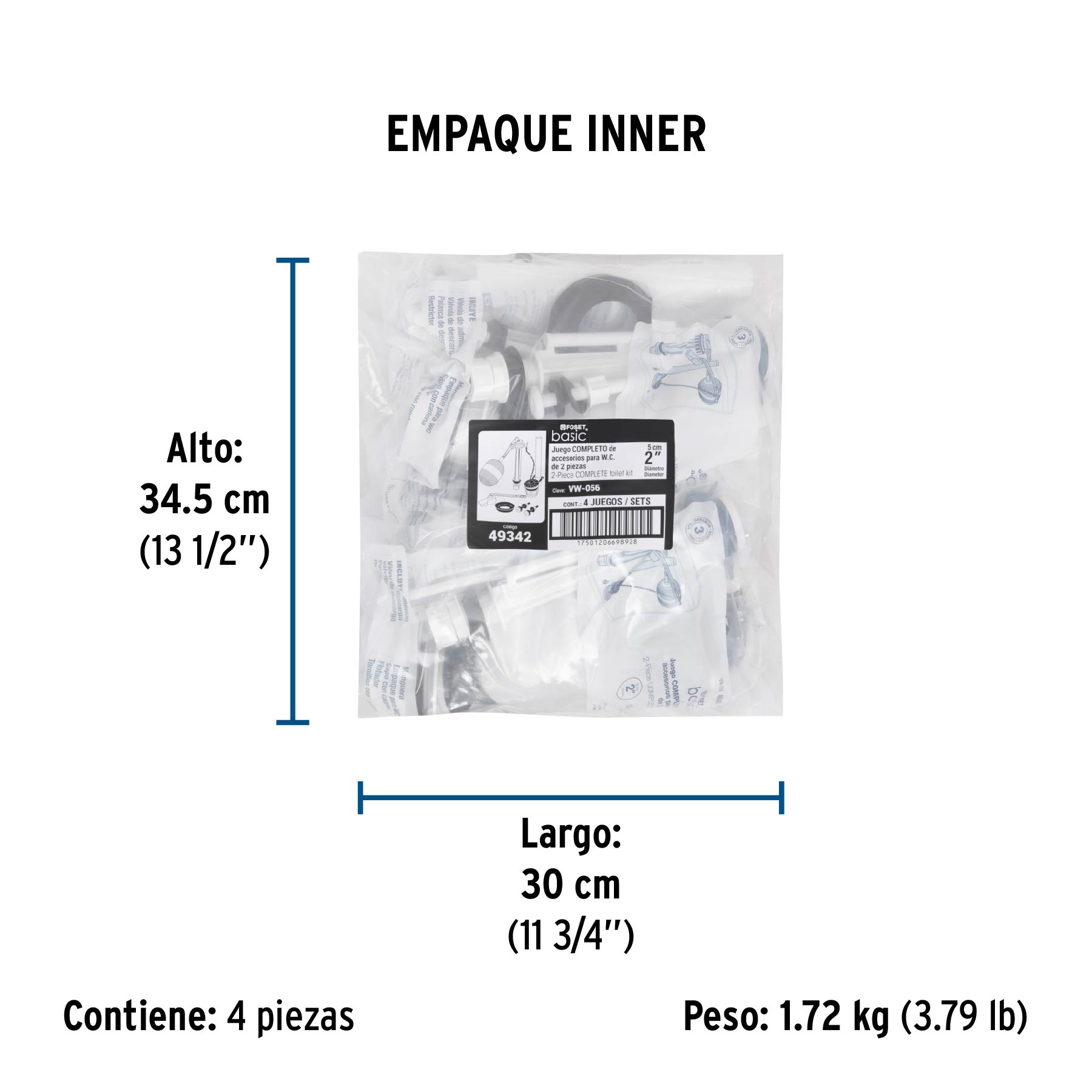 Juego accesorios para WC, 2" flotador trad, p/cromada, BASIC - Empaque