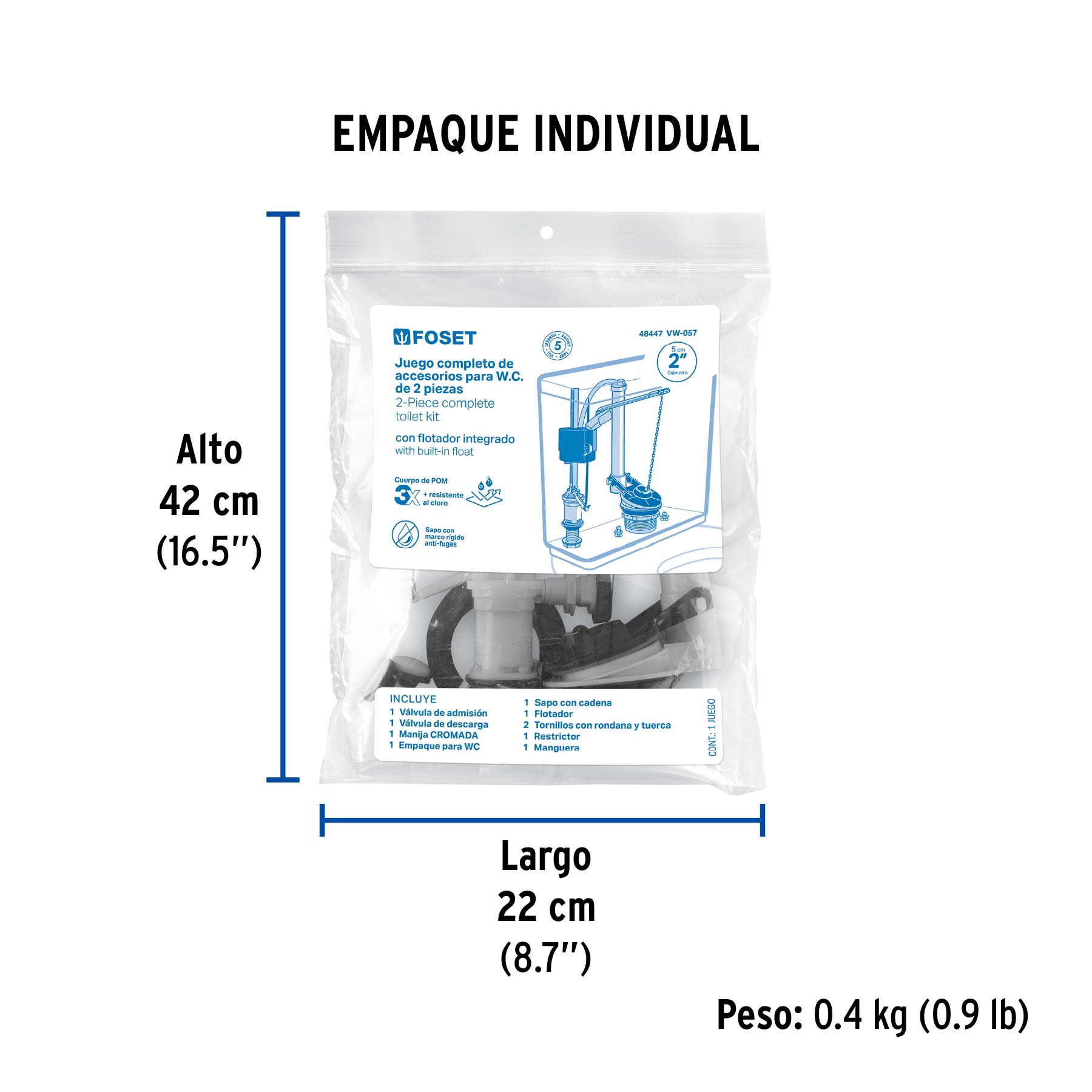 Juego accesorios para WC, 2" flotador compacto, FOSET - Empaque