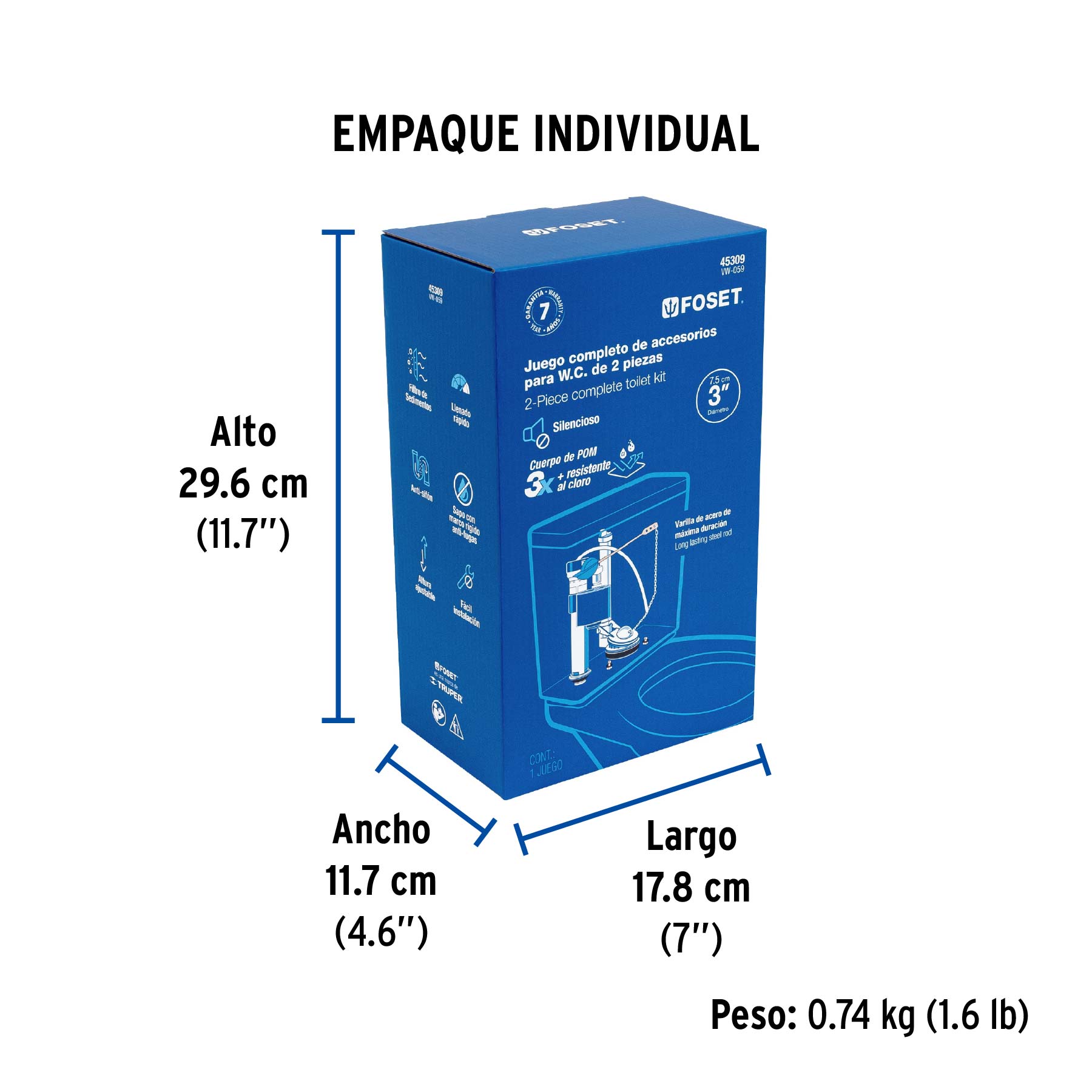 Juego de accesorios para WC, 3" altura ajustable, FOSET - Empaque
