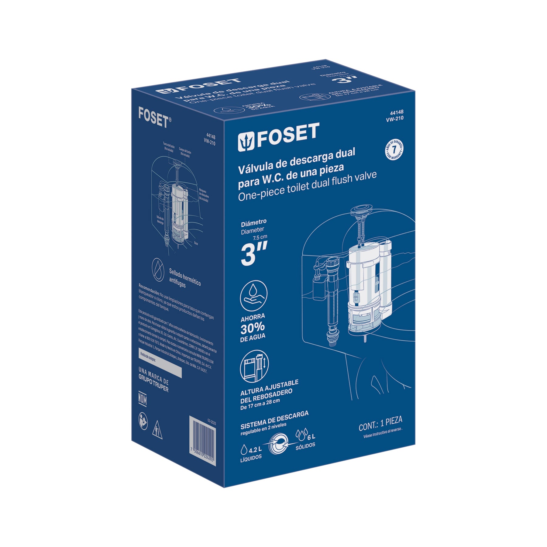 Válvula descarga dual 3" para WC de 1 pieza, sin botón dual