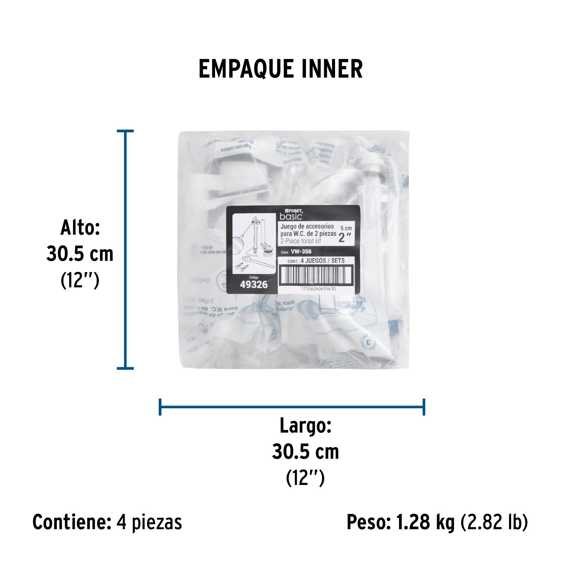 Juego accesorios para WC, 2" con flotador tradicional, BASIC - Empaque