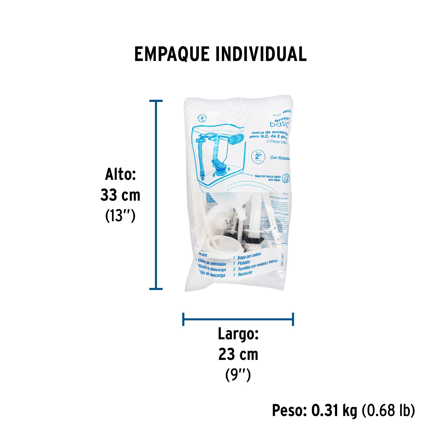 Juego accesorios para WC, 2" con flotador tradicional, BASIC - Empaque