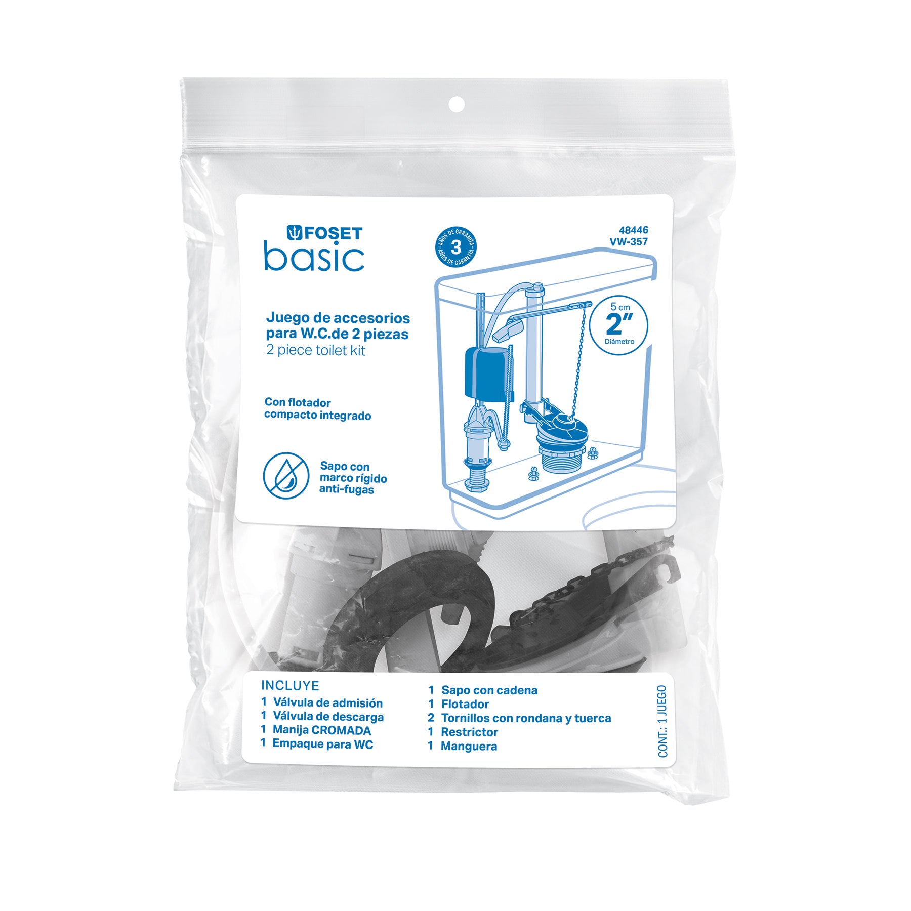 Juego accesorios para WC, 2" flotador compacto, FOSET BASIC