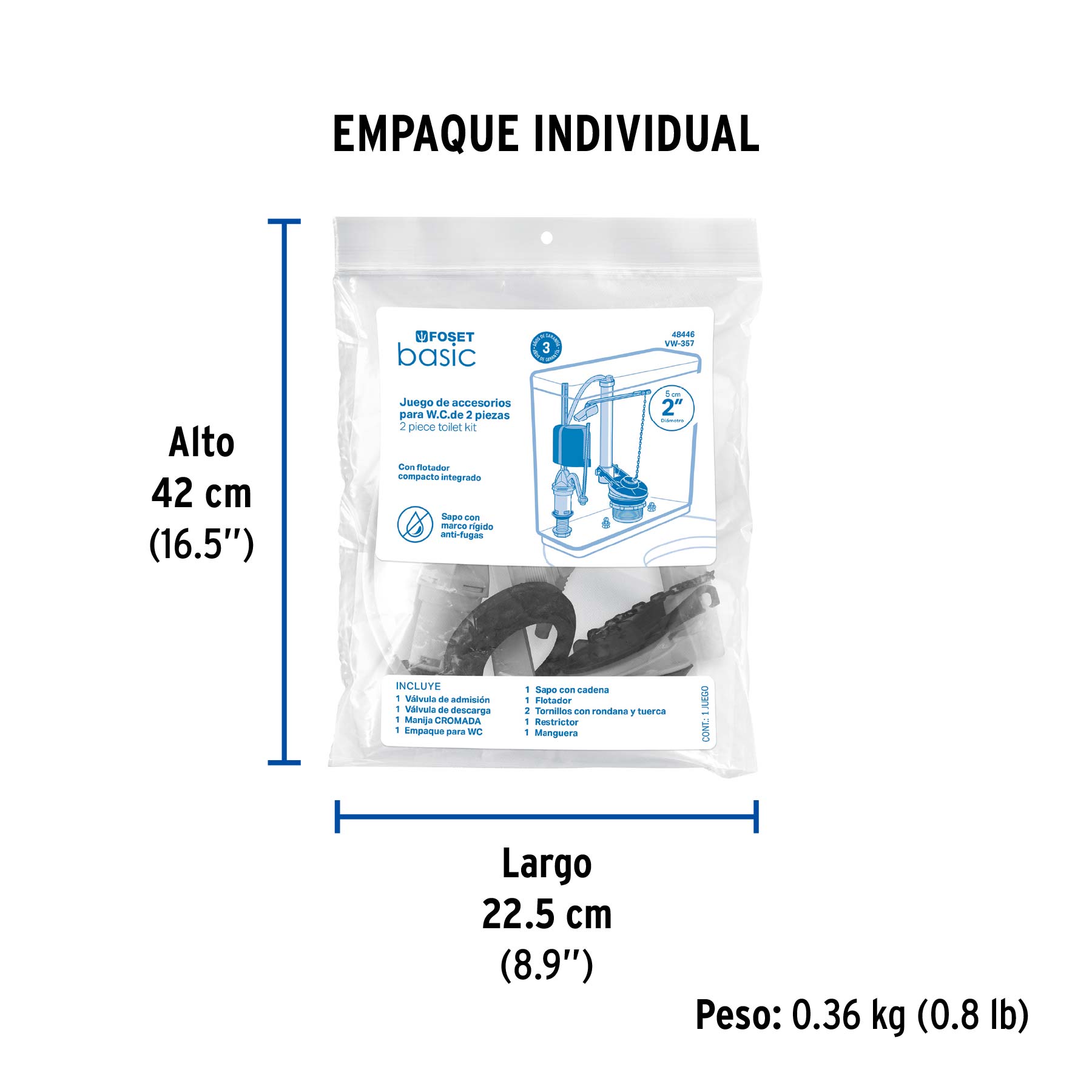 Juego accesorios para WC, 2" flotador compacto, FOSET BASIC - Empaque