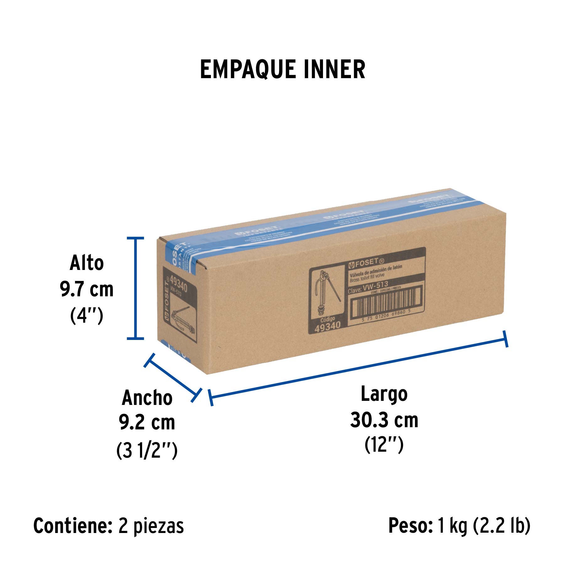 Válvula de admisión para tanque bajo, latón, FOSET - Empaque