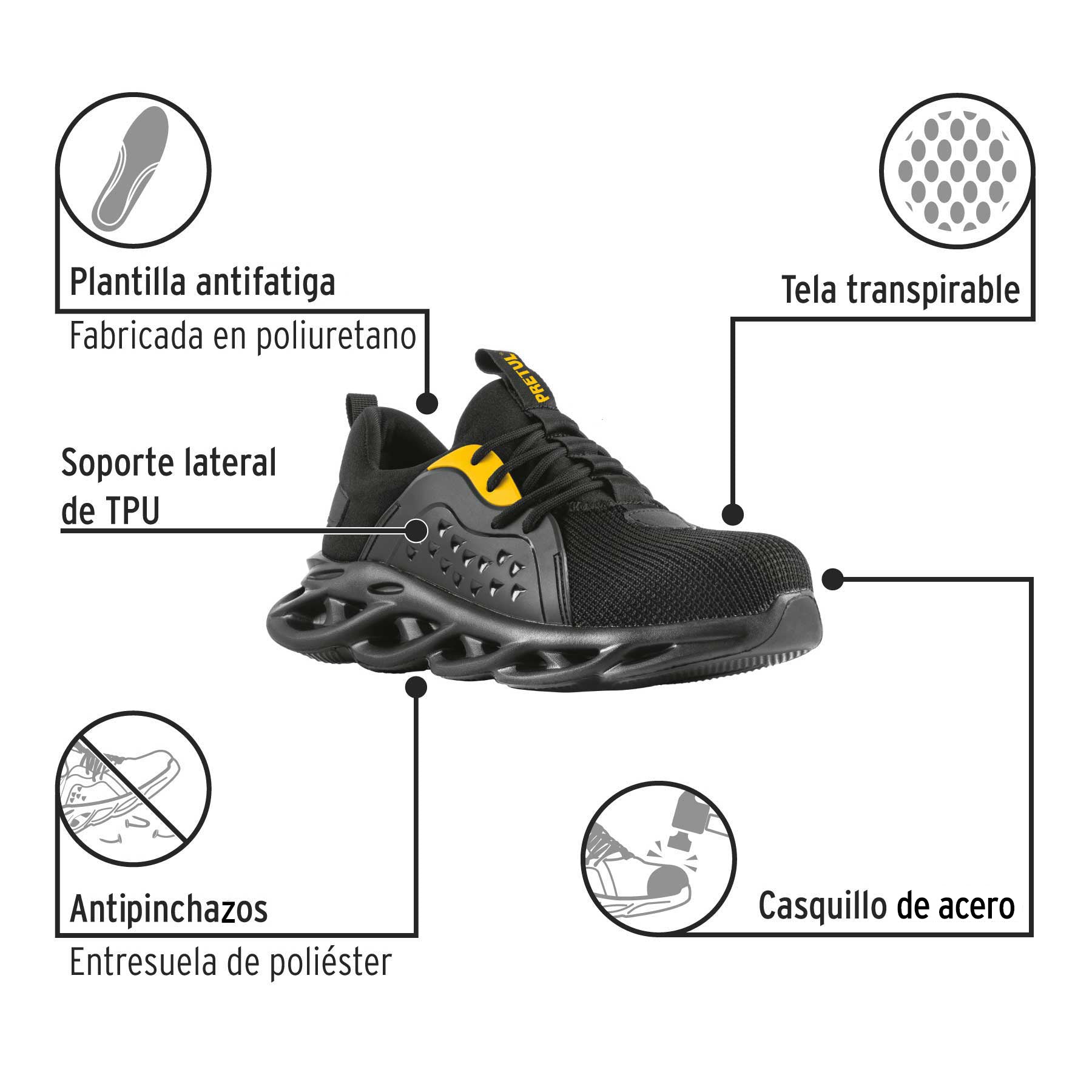 Tenis de seguridad #28, casquillo metálico, negros, PRETUL