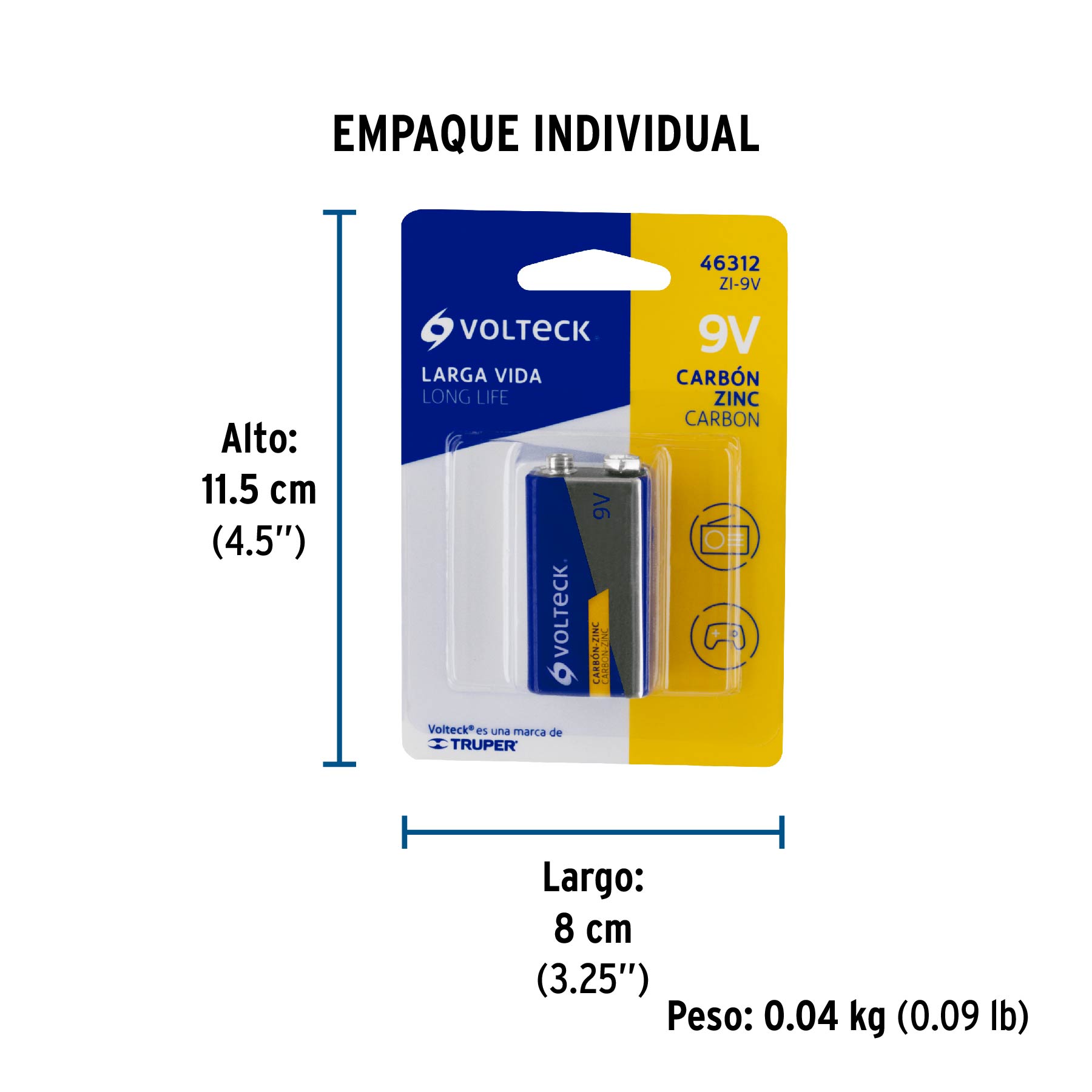 Blíster con 1 pila zinc-carbón 9 V, VOLTECK - Empaque