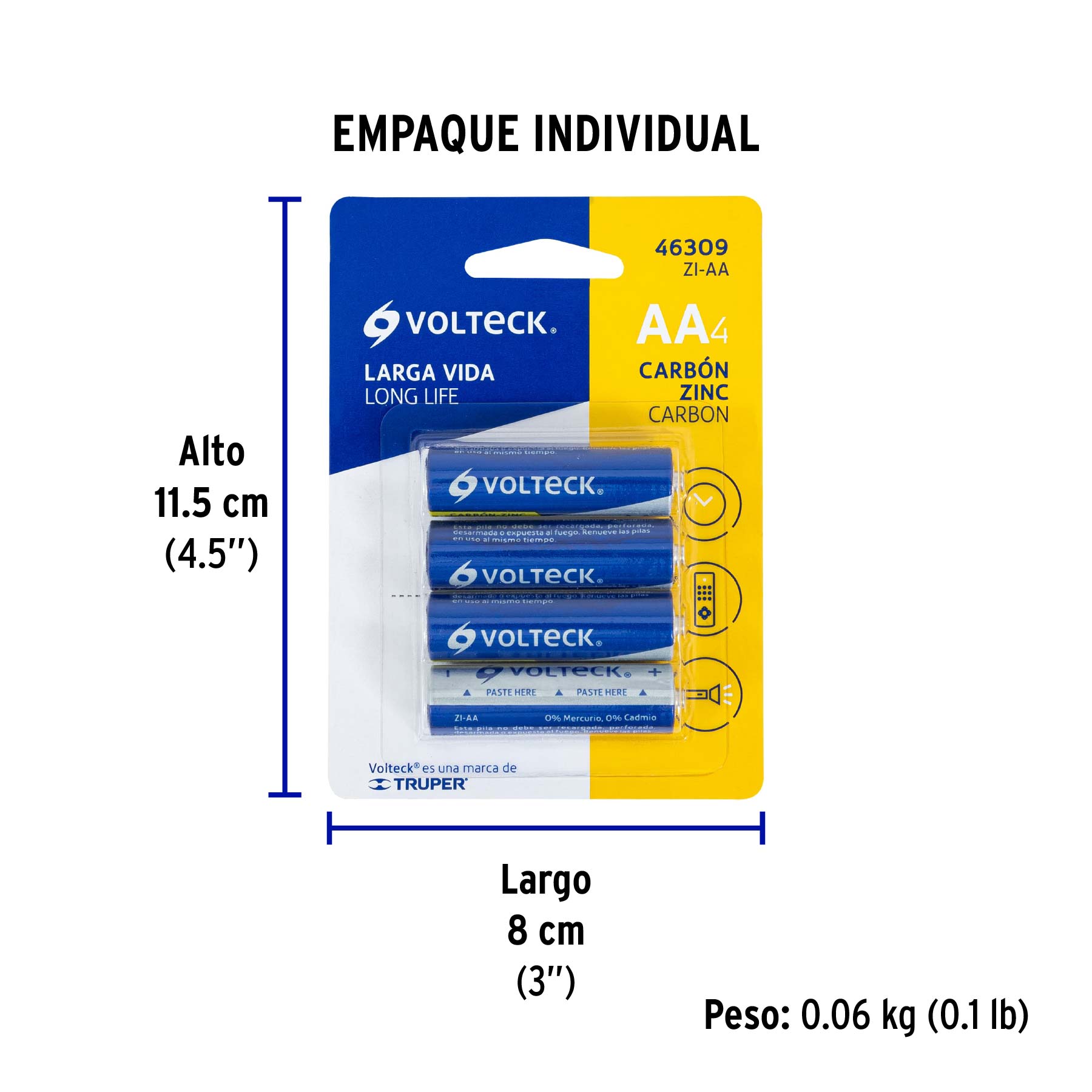 Blíster con 4 pilas zinc-carbón AA, VOLTECK - Empaque