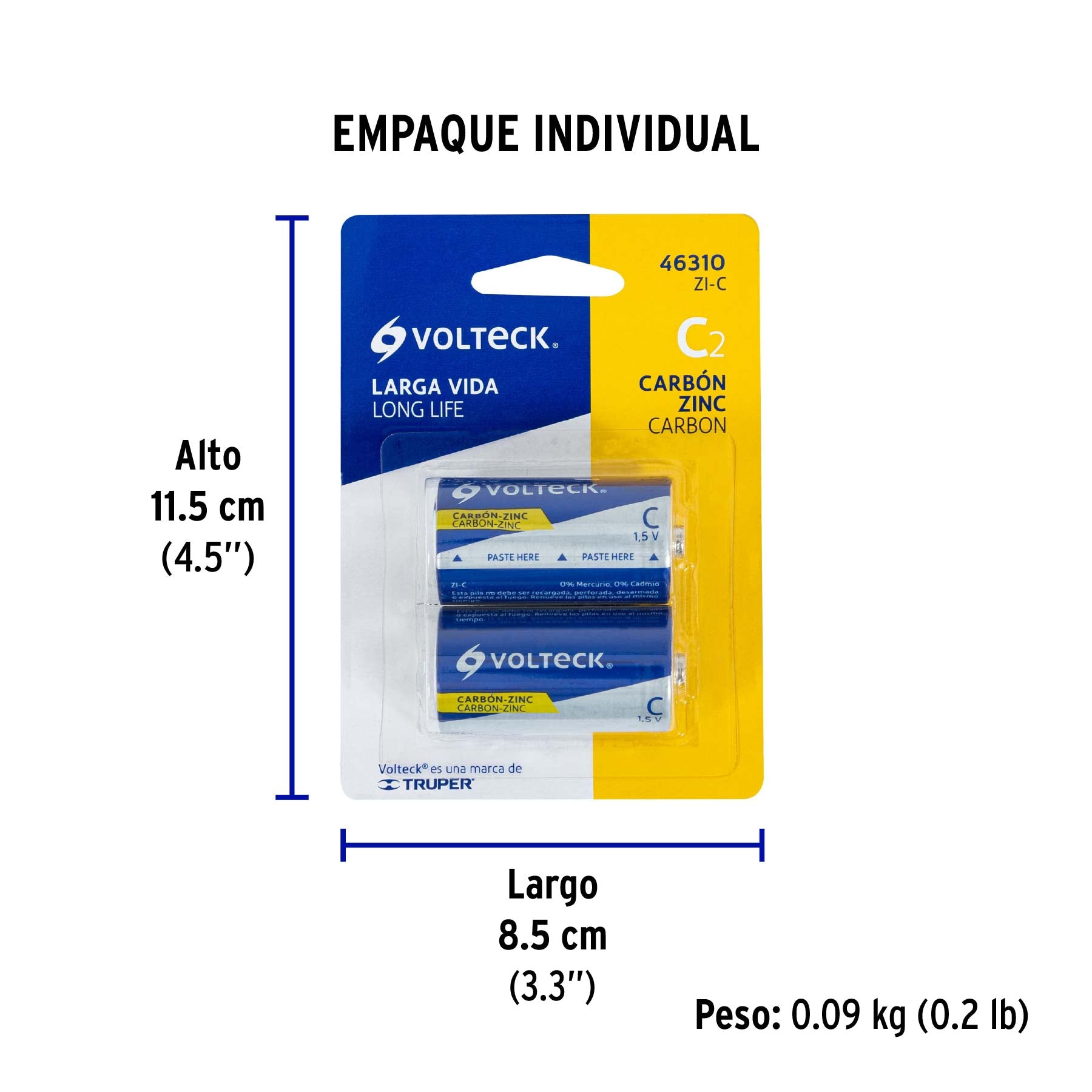 Blíster con 2 pilas zinc-carbón C, VOLTECK - Empaque