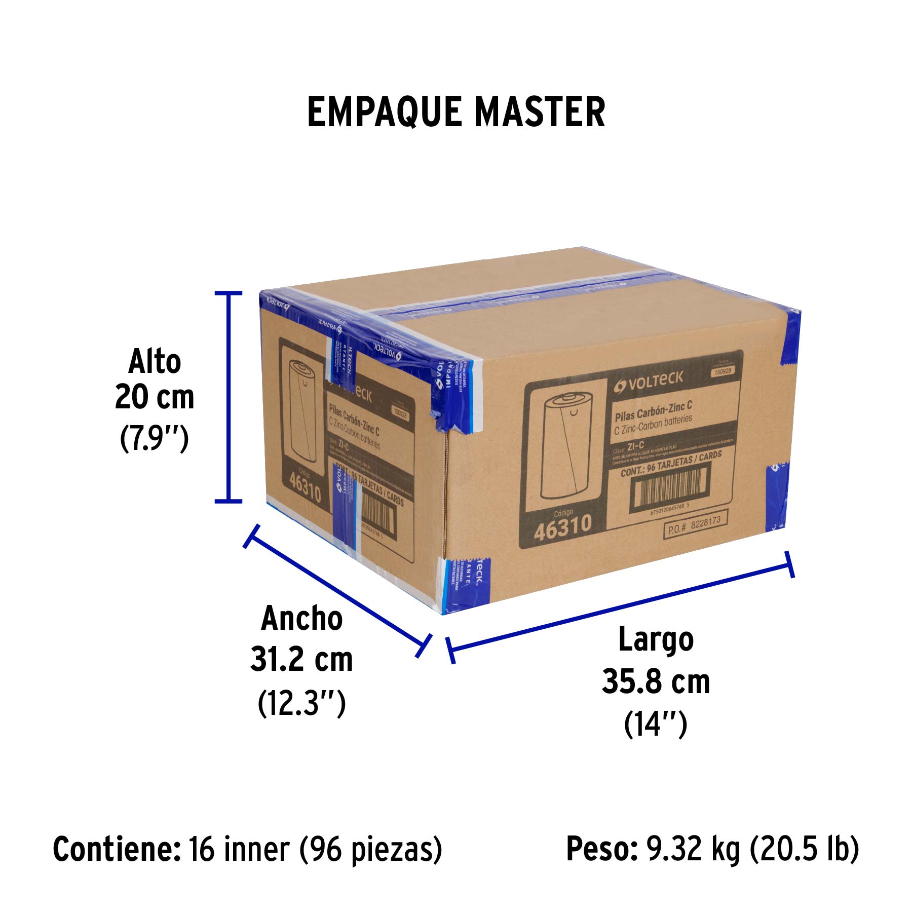 Blíster con 2 pilas zinc-carbón C, VOLTECK - Empaque