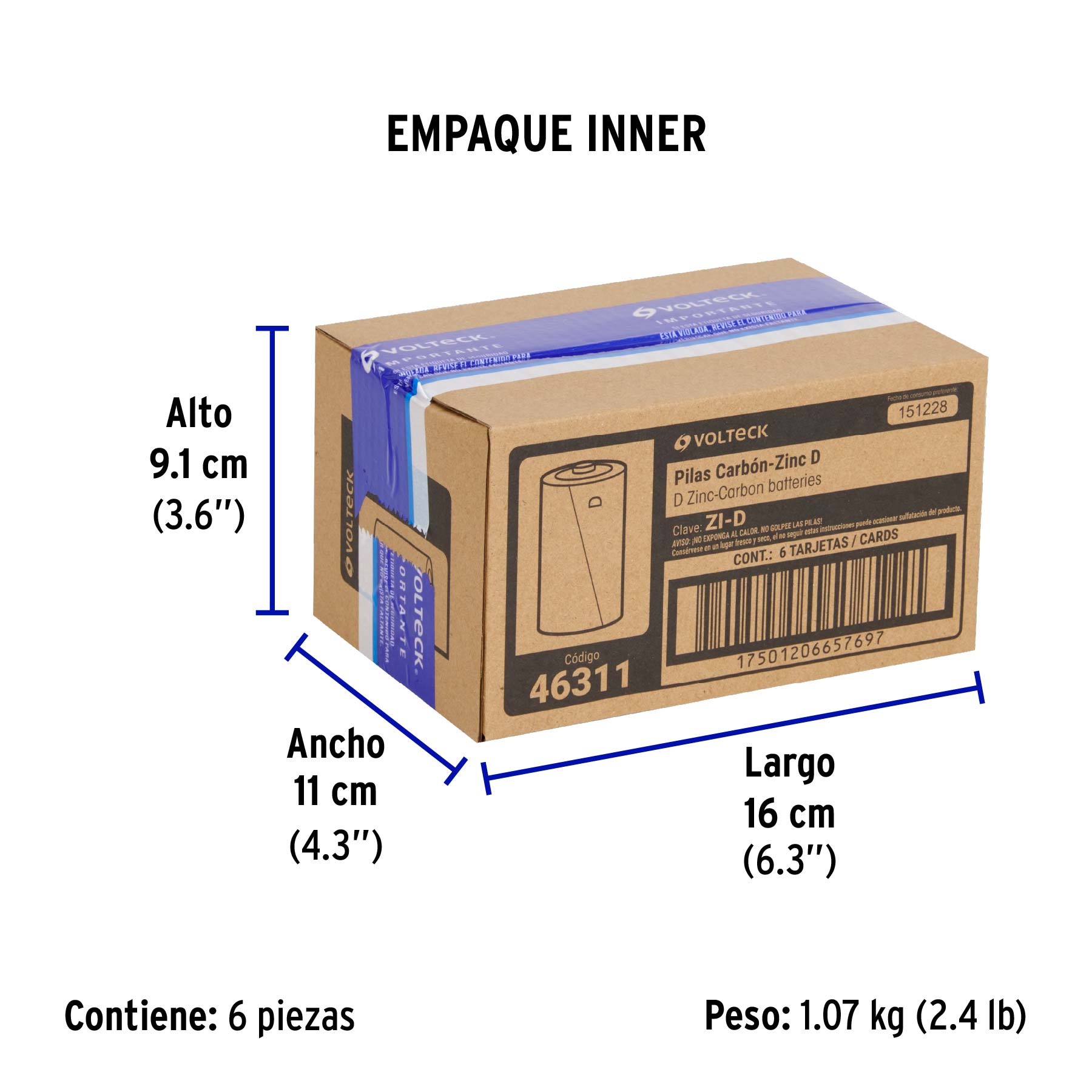 Blíster con 2 pilas zinc-carbón D, VOLTECK - Empaque