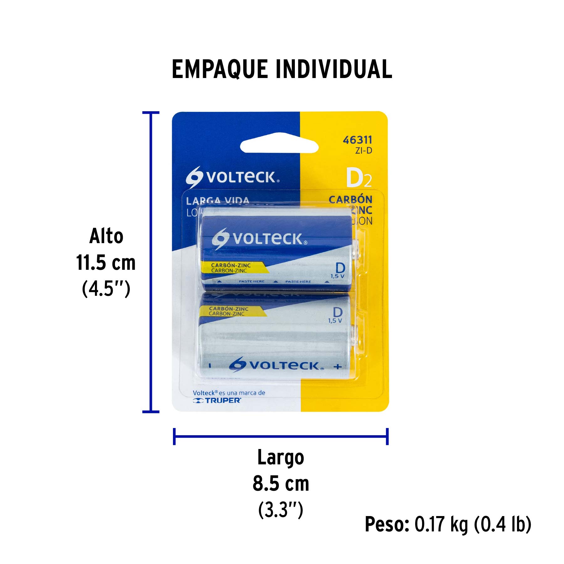 Blíster con 2 pilas zinc-carbón D, VOLTECK - Empaque